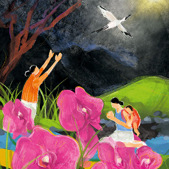 Gemälde mit Frauen und einem Kranich zum Weltgebetstag